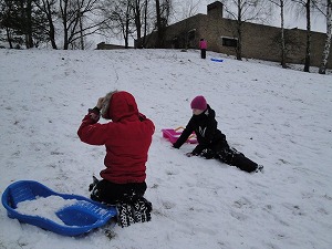 雪が積もったなだらかな丘は、そり遊びに持ってこいの場所
